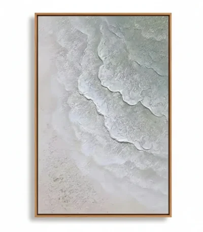 Textured abstract hand-painted canvas with layered white and grey brushstrokes creating dimensional wave forms, neutral palette