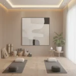 Minimalist abstract hand-painted canvas in cream, grey and black organic shapes, yoga studio setting