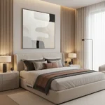 Minimalist abstract hand-painted canvas in cream, black and grey organic shapes, contemporary bedroom setting