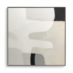 Minimalist hand-painted canvas with layered abstract forms in cream, white, and charcoal tones