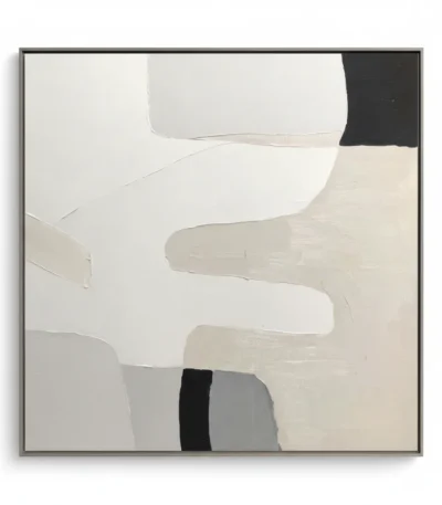 Minimalist hand-painted canvas with layered abstract forms in cream, white, and charcoal tones