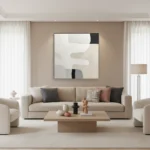 Contemporary abstract hand-painted canvas with gestural organic shapes in cream, black and taupe, modern living space