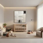Abstract hand-painted canvas with organic flowing shapes in cream, black, and grey tones, nursery setting