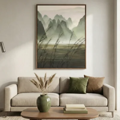 Impressionist landscape hand-painted canvas featuring misty mountains and windswept grasses in muted greens and earth tones, contemporary living space