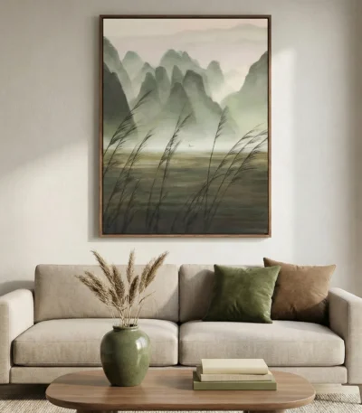 Impressionist landscape hand-painted canvas featuring misty mountains and windswept grasses in muted greens and earth tones, contemporary living space