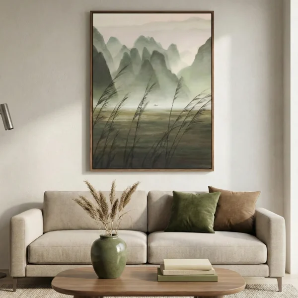 Impressionist landscape hand-painted canvas featuring misty mountains and windswept grasses in muted greens and earth tones, contemporary living space