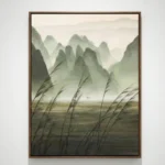 Minimalist landscape hand-painted canvas depicting misty mountains, reeds, and distant boat in muted greens and grays