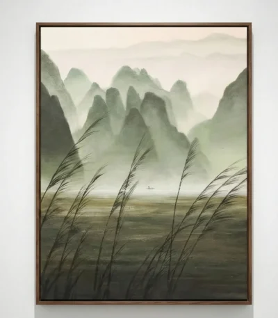 Minimalist landscape hand-painted canvas depicting misty mountains, reeds, and distant boat in muted greens and grays