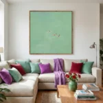 Minimalist figurative hand-painted canvas depicting swimmers in turquoise water, soft mint and seafoam palette, contemporary living space
