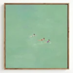 Minimalist hand-painted canvas depicting three swimmers floating in turquoise water, rendered in soft contemporary style