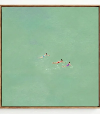 Minimalist hand-painted canvas depicting three swimmers floating in turquoise water, rendered in soft contemporary style
