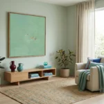 Minimalist hand-painted canvas depicting swimmers in turquoise water with warm skin tones, contemporary living space