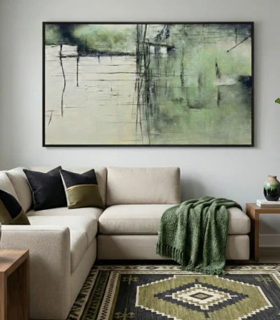Layered abstract painting in muted sage green and cream with gestural mark-making and atmospheric depth, hand-painted canvas in contemporary living space