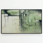 Layered abstract hand-painted canvas in soft greens and creams with gestural charcoal marks, contemporary living space