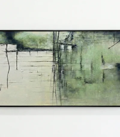 Layered abstract hand-painted canvas in soft greens and creams with gestural charcoal marks, contemporary living space