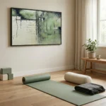 Textured abstract hand-painted canvas in soft greens and cream with gestural brushwork, yoga studio setting