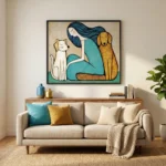 Contemporary figurative hand-painted canvas depicting woman with flowing dark hair embracing white cat and golden dog, turquoise and ochre palette, modern living space