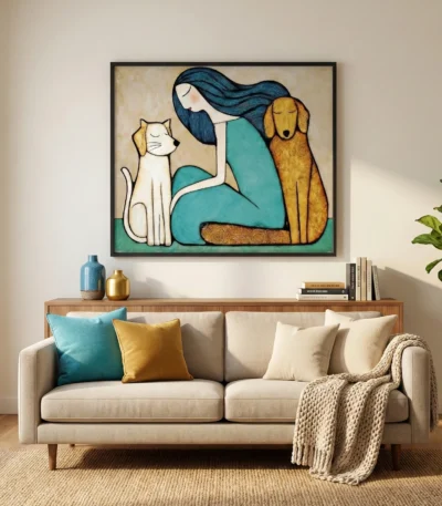 Contemporary figurative hand-painted canvas depicting woman with flowing dark hair embracing white cat and golden dog, turquoise and ochre palette, modern living space