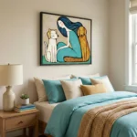 Contemporary figurative hand-painted canvas depicting woman with cat and dog in turquoise and ochre tones, modern bedroom