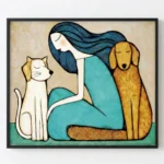 Contemporary hand-painted canvas depicting woman with long teal hair embracing white cat and golden dog, warm neutral palette