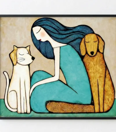 Contemporary hand-painted canvas depicting woman with long teal hair embracing white cat and golden dog, warm neutral palette