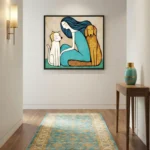 Contemporary figurative hand-painted canvas depicting woman with flowing blue hair embracing golden retriever and white cat, turquoise and warm ochre palette, modern entryway