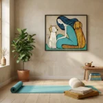 Figurative hand-painted canvas depicting woman with dark flowing hair embracing white cat and golden dog, turquoise and ochre palette, yoga studio setting