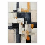 Layered abstract hand-painted canvas in charcoal, cream, and golden ochre with geometric intersecting forms, contemporary living space