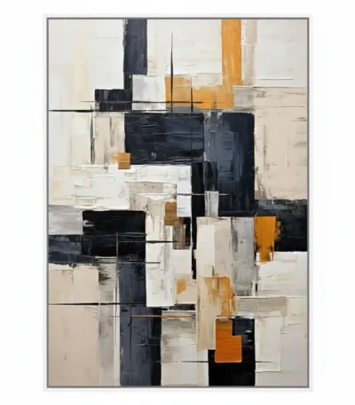Layered abstract hand-painted canvas in charcoal, cream, and golden ochre with geometric intersecting forms, contemporary living space
