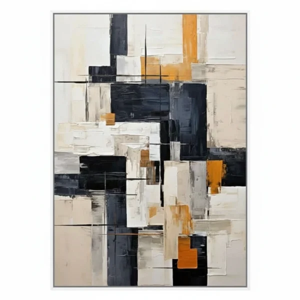 Layered abstract hand-painted canvas in charcoal, cream, and golden ochre with geometric intersecting forms, contemporary living space
