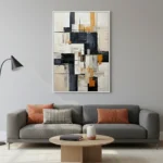 Layered abstract hand-painted canvas in black, cream, and burnt orange geometric forms, contemporary living space