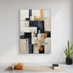 Layered abstract hand-painted canvas in black, cream, and ochre geometric blocks with textured brushwork, contemporary living space