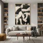 Abstract hand-painted canvas with bold black and cream curved forms, contemporary living space