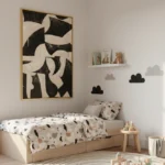 Abstract hand-painted canvas with bold black and cream curved organic forms, modern bedroom