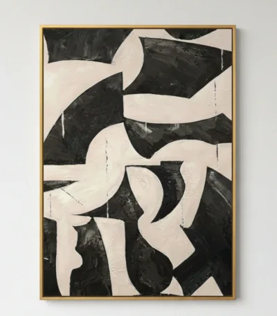 Gestural abstract hand-painted canvas in bold black and cream organic shapes with expressive brushwork, contemporary space