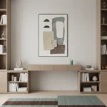 Minimalist abstract hand-painted canvas with layered geometric shapes in muted greens, beige, and charcoal tones, contemporary living space