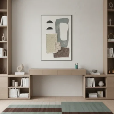 Minimalist abstract hand-painted canvas with layered geometric shapes in muted greens, beige, and charcoal tones, contemporary living space