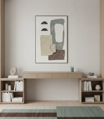 Minimalist abstract hand-painted canvas with layered geometric shapes in muted greens, beige, and charcoal tones, contemporary living space