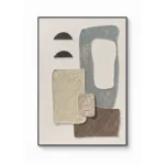 Minimalist abstract hand-painted canvas with geometric shapes in grey, cream, and brown tones