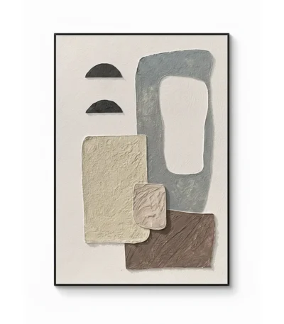 Minimalist abstract hand-painted canvas with geometric shapes in grey, cream, and brown tones