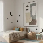 Minimalist abstract hand-painted canvas with geometric shapes in grey, cream and taupe tones, contemporary bedroom