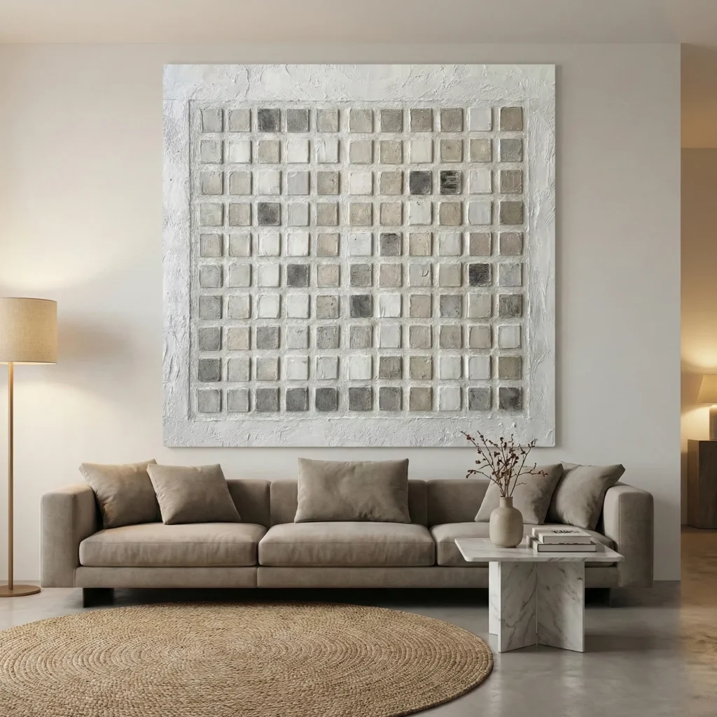 Rough Mosaic textured wall art shown framed on the wall in a styled interior