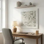 Textured abstract wall art in cream and greige tones with grid-pattern relief, hand-finished canvas in contemporary workspace