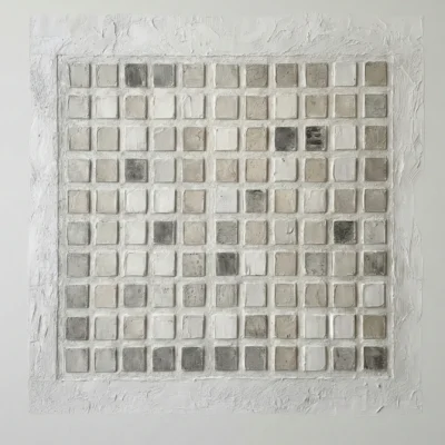 Textured minimalist wall art featuring a grid of hand-painted cream and taupe squares with subtle tonal variations, contemporary living space