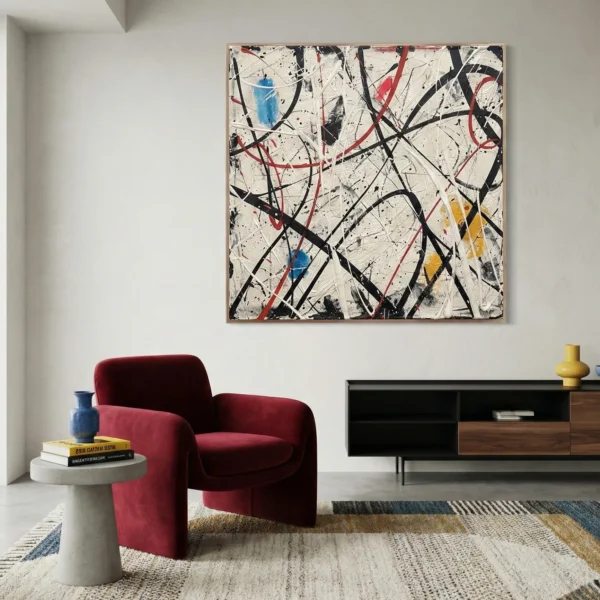 Gestural abstract expressionist hand-painted canvas with energetic black, red, and blue brushstrokes on cream, contemporary living space