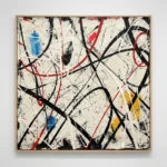 Abstract expressionist hand-painted canvas with bold black and red gestural strokes, blue and yellow accents on cream ground