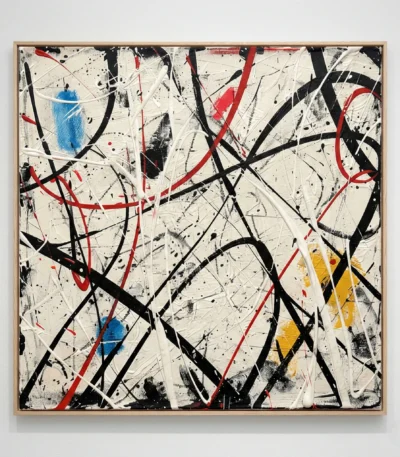 Abstract expressionist hand-painted canvas with bold black and red gestural strokes, blue and yellow accents on cream ground