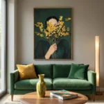 Contemporary figurative hand-painted canvas, woman obscured by yellow mimosa flowers against deep green, modern living space