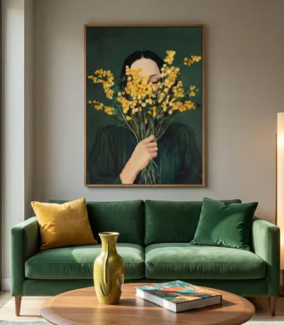 Contemporary figurative hand-painted canvas, woman obscured by yellow mimosa flowers against deep green, modern living space