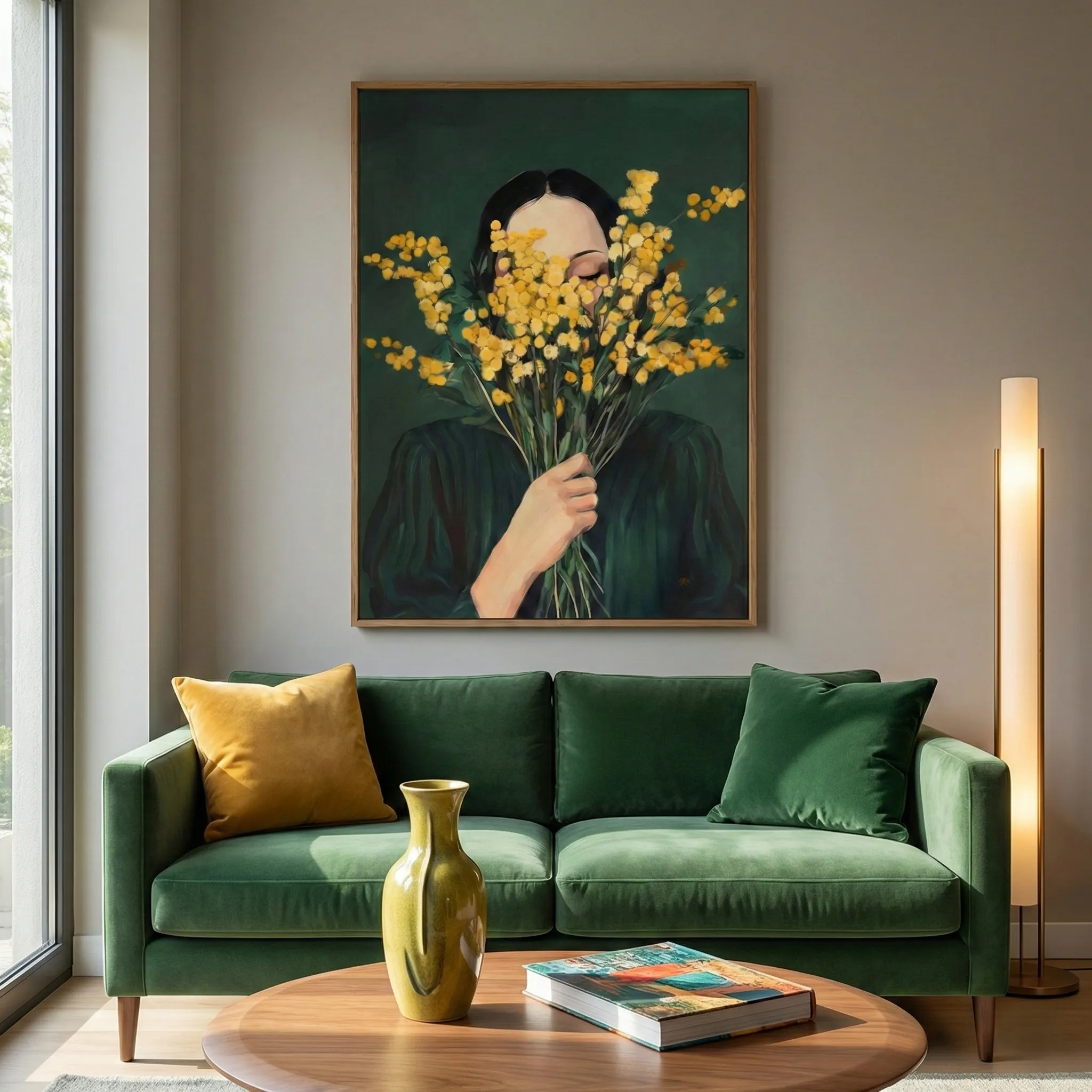 Verdant Embrace Portrait obscured by yellow blossoms color wall art (1.5) Contemporary figurative hand-painted canvas, woman obscured by yellow mimosa flowers against deep green, modern living space